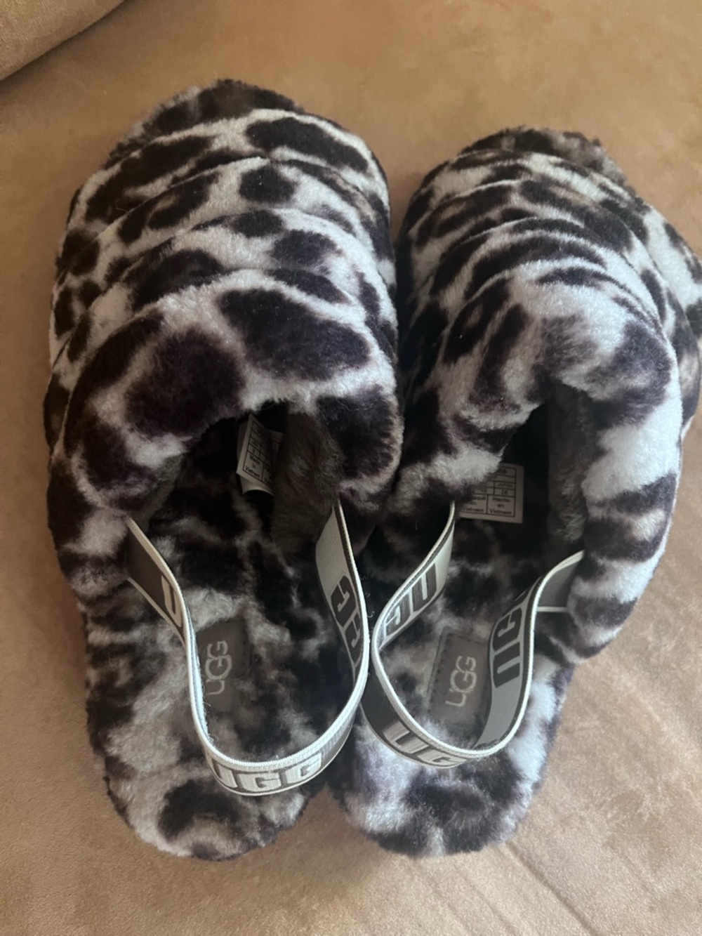UGG Leopard Faux-Fur Slide Slippers in Brown and Cream